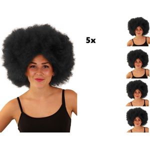 5x Afro pruik zwart disco - one size - Mega - festival disco carnaval afrokapsel