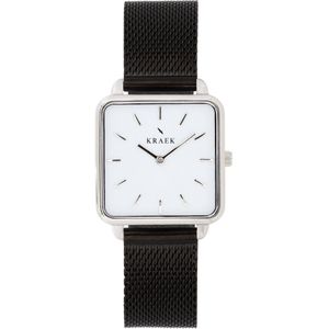KRAEK Elsa Zilver Met Witte Wijzerplaat 28 mm | Dames Horloge | Zwart mesh horlogebandje | Vierkant | Minimaal Design