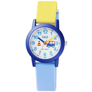 Q&Q VS49J010Y - Horloge - Analoog - Kinderen - Unisex - Plastic band - Rond - Cijfers - Kunststof - Sport - Lichtblauw - Geel - Blauw - Wit - 10 ATM