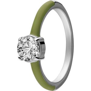 Lucardi Dames Stalen ring met groene emaille&zirkonia - Ring - Staal - Zilver - 16 / 50 mm
