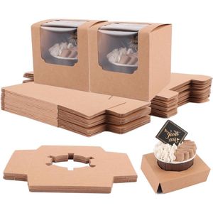 100 stuks kraftpapieren cupcake doosjes - 9 x 9 x 9 cm - met kijkvenster en inzetstukken - bruine taartdoos - kartonnen verpakking voor cake, muffins en dessert