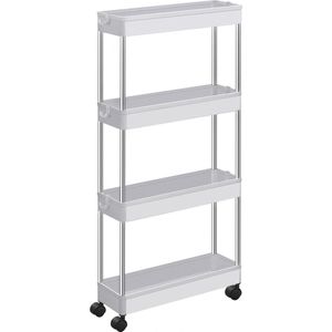 Trolley, keukentrolley met 4 niveaus, keukenplank, nisplank op wielen, badkamerplank, ruimtebesparend, 40 x 12,5 x 88 cm, wit KSC08WT