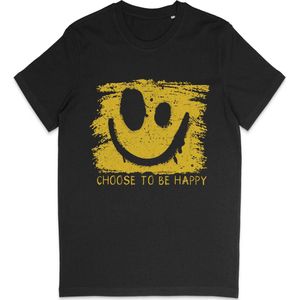 T Shirt Heren en Dames (Unisex) Be Happy Smiley Gele Grunge Print Opdruk - Zwart - Maat XXL