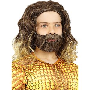 FUNIDELIA Aquaman-pruik met baard voor jongens Superhelden - Bruin