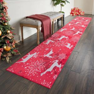 Kerstloper, tapijt, 60 x 300 cm, antislip, lang, kersttapijt, zachte microvezel, sneeuwvlok, rendier, Kerstmis, rood, wasbaar, keukentapijt, vloerkleed, looptapijt