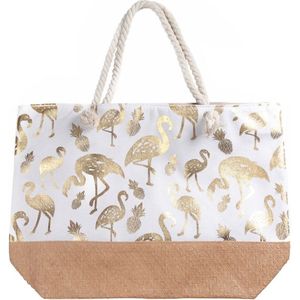 Strandtas met Flamingo’s - Canvas - 55x35x14 cm - Wit en Goudkleurig