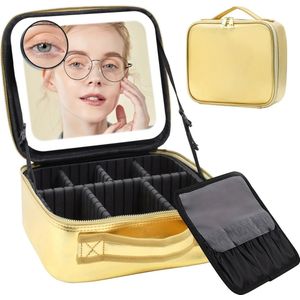 Reis Make-Up Tas met Spiegel Led Verlicht GOUD kleurige DROOM CADEAU - Treinkoffer Met Verstelbare Verdelers, Afneembare 10x Vergrotende Spiegel Beautycase – Tas voor Cosmetica – Reis Toilettas Waterdicht-UV bestendig- straalt elegantie uit CHAMPAGNE
