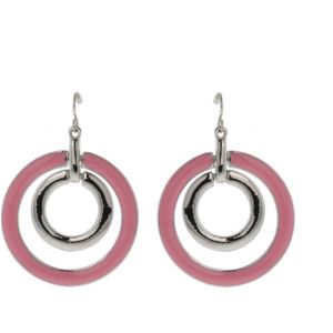 Behave Oorbellen - oorhangers - dames - rond - roze - zilver kleur - 4.5cm