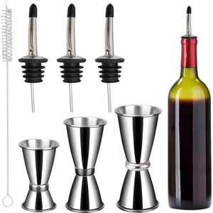 roestvrijstalen cocktailmaatbekers, verpakking van 3 cocktailmaatbekers 1,5cl/2cl/3cl/4cl/5cl, maatbekers voor cocktails met 3 roestvrijstalen flessenschenkers en 1 borstel, kleine maatbeker voor barfeestdrankjes