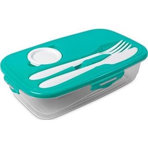 1x Lunchbox turquoise met bestek 1 liter plastic - Salade to go - Paris - Luchtdicht/hermetisch afgesloten vershouddoos bakje - Mealprep - Maaltijden bewaren