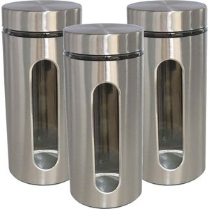 Gerim - Voedsel bewaren voorraad pot - 3x stuks - zilver rvs - deksel - 1300 ml