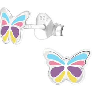 Joy|S - Zilveren vlinder oorbellen - 8 x 6 mm - zilver met blauw roze paars en geel - kinderoorbellen
