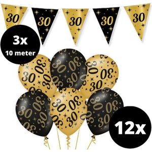 Verjaardag Versiering Pakket 30 jaar Zwart en Goud - Ballonnen Goud & Zwart (12 stuks) - Vlaggenlijn Goud Zwart 10 meter (3 stuks) - Vlaggenlijn gekleurd 30 jarige - Vlaggetjes Slinger Verjaardag 30 Birthday - Birthday Party Decoratie (30 Jaar)