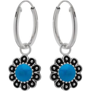 Zilveren oorbellen | Oorringen met hanger | Zilveren oorringen met hanger, bloemetje met blauwe steen