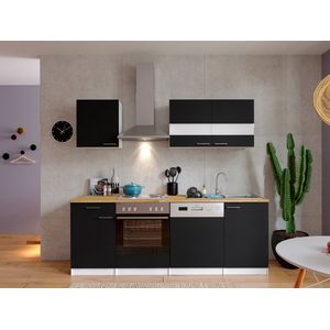 Goedkope keuken 220  cm - complete keuken met apparatuur Malia  - Wit/Zwart - soft close - elektrische kookplaat - vaatwasser - afzuigkap - oven  - spoelbak