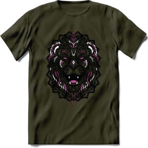 Leeuw - Dieren Mandala T-Shirt | Roze | Grappig Verjaardag Zentangle Dierenkop Cadeau Shirt | Dames - Heren - Unisex | Wildlife Tshirt Kleding Kado | - Leger Groen - S