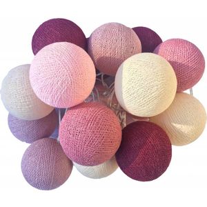 Cotton Ball Lights - 20 Lichtbollen - Lichtsnoer - Werkt op USB - 378 cm - Roze, Paars, Wit