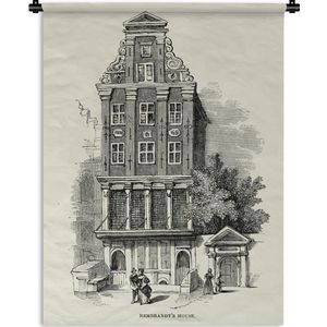 Wandkleed Amsterdam illustratie - Rembrandt zijn huis op een illustratie in zwart-wit Wandkleed katoen 120x160 cm - Wandtapijt met foto XXL / Groot formaat!