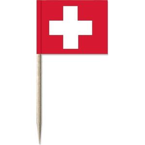 50x Cocktailprikkers Zwitserland 8 cm vlaggetje landen decoratie - Houten spiesjes met papieren vlaggetje - Wegwerp prikkertjes