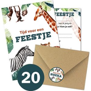 Uitnodiging Kinderfeestje + Enveloppen & Sluitstickers - Voordeelset 20 stuks - Dieren Uitnodiging verjaardag - Jongen of meisje - uitnodigingskaarten + kraft envelop - Verjaardag Feest