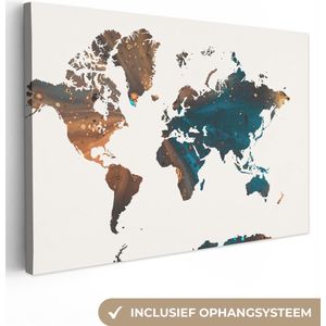 Canvas Wereldkaart - 180x120 - Wanddecoratie Wereldkaart - Blauw - Verf