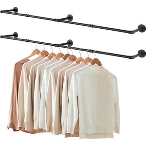 Industriële buis kledingstangen, 180 cm kledingrek voor aan de muur, ruimtebesparende wandplank, keukenplank met 4 bases, voor winkel, woonkamer, zwart, 2-pack