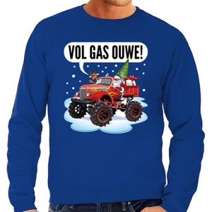 Grote maten foute Kersttrui / sweater - Santa op monstertruck / truck - vol gas ouwe - blauw voor heren - kerstkleding / kerst outfit XXXXL