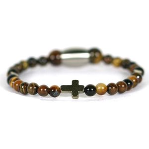 IbizaMen KIDS - pyrite kruis  tijgeroog 4mm - 17cm