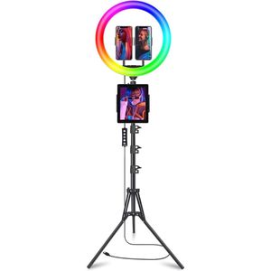 Ringlamp met Statief Smartphone - 2 Telefoons en Tabletstandaard - 12 Helderheden Verlichting - Muziekmodus - 48 RGB-Lichtmodus - Led lamp - Ringlight met Statief voor Selfies, Tik Tok ,Vlog en YouTube