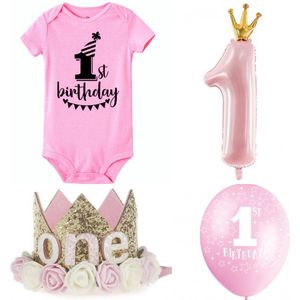 9-delige First Birthday cakesmash set roze met romper, hoedje en ballonnen - eerste - 1 - verjaardag - romper - one - decoratie - ballon