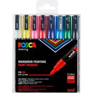 Krijtstift - Fineliner - Universele Marker - Standaard Kleuren - Uni Posca Marker - PC-1M - 0,7mm - 8 stuks
