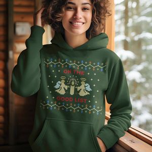 Foute Kerst Hoodie - Kleur Groen - On The Good List - Maat XL - Uniseks Pasvorm - Kerstkleding voor Dames & Heren