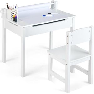 COSTWAY Kinderbureau met stoel, kindertafel met inklapbaar tafelblad, jeugdbureau met papierrolhouder en markeerstiften, schoolbureau voor kinderen vanaf 3 jaar (wit)