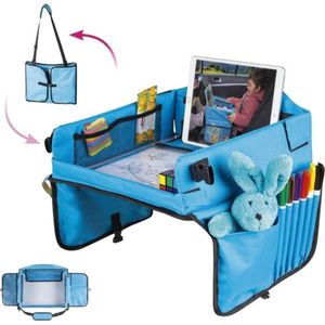 Reistafel voor Kinderen - Tablethouder – Inklapbare Autotafel – Speeltafel Auto Met Zijvakjes - Opvouwbare Reistafel - Auto Organizer Kinderen - Tekentafel Auto - Blauw
