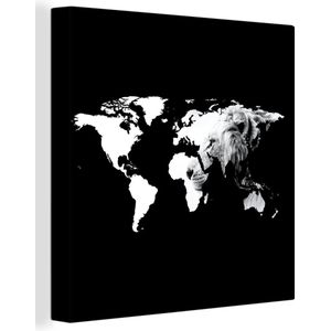 Canvas Wereldkaart - 20x20 - Wanddecoratie Wereldkaart - Leeuw - Zwart Wit