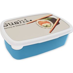 Broodtrommel Blauw - Lunchbox Sushi - Zalm - Rijst - Japans - Brooddoos 18x12x6 cm - Brood lunch box - Broodtrommels voor kinderen en volwassenen