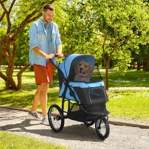 Hondenbuggy, hondenauto met reflectoren, opvouwbare kinderwagen met opslagmand, zonbescherming, stroomraam, oxford, blauw