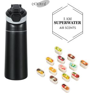 I am Superwater air scents - Geurwater Drinkfles - Geur Air Waterfles - Inclusief 5 Pods - Zwart - 600 ml - Stainless steel - Stalen/metalen fles - BPA-vrij - Up Starterskit - Cola, Sinaasappel, Watermeloen, Appel, Citroen