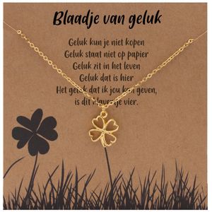 Bixorp Luck Cadeau Ketting ""Blaadje van Geluk"" - Goud Verguld - Klavertje Vier Hanger in Cadeauverpakking - 38+8cm