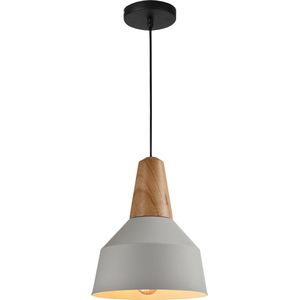 QUVIO Hanglamp scandinavisch / Plafondlamp / Sfeerlamp / Leeslamp / Eettafellamp / Verlichting / Slaapkamer lamp / Slaapkamer verlichting / Keukenverlichting / Keukenlamp - Metaal en houten kop - Diameter 23 cm - Grijs en bruin