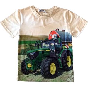 T-shirt met John Deere, trekker, tractor, beige, full colour print, kids, kinder, maat 146/152, stoer, mooie kwaliteit!