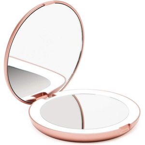 verlichte compacte Make-up Spiegel voor op Reis, 1X/ 10X vergroting – Daglicht LED, Draagbaar, Grote 127mm brede Reisspiegel met Licht, Zijdewit - Lumi (Rose Goud)