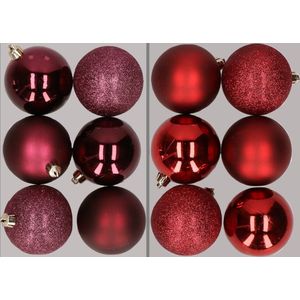 12x stuks kunststof kerstballen mix van aubergine en donkerrood 8 cm - Kerstversiering