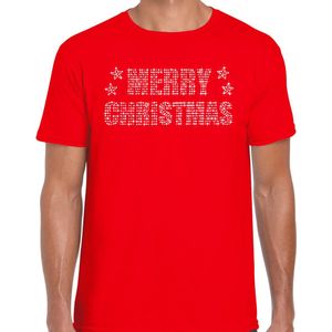 Glitter kerst t-shirt rood Merry Christmas glitter steentjes/ rhinestones voor heren - Glitter kerst shirt/ outfit XXL