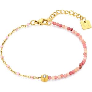 Twice As Nice Armband in goudkleurig edelstaal, roze email bolletjes, roze steentjes, 1 kristal 16 cm+3 cm