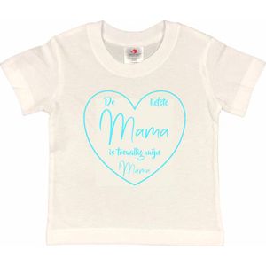 T-shirt Kinderen ""De liefste mama is toevallig mijn mama"" Moederdag | korte mouw | Wit/aquablauw | maat 134/140
