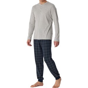 SCHIESSER Fine Interlock pyjamaset - heren pyjama lang interlock manchetten knoopsluiting geruit grijs-melange - Maat: L