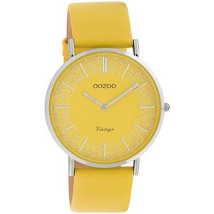 OOZOO Timepieces - Zilverkleurige horloge met mosterd gele leren band - C20128