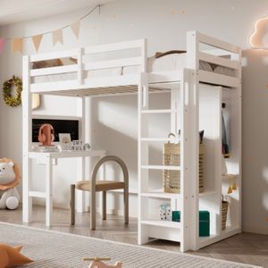 Kinderbed hoogslaper met bureau open kledingkast en planken kinderbed met lattenbodem en valbeveiliging eenpersoonsbed ligvlak 90x200 cm -109x206x184cm(BxLxH)-Wit