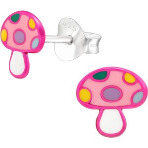 Joy|S - Zilveren paddenstoel oorbellen - 7 mm - roze met kleurtjes - kinderoorbellen